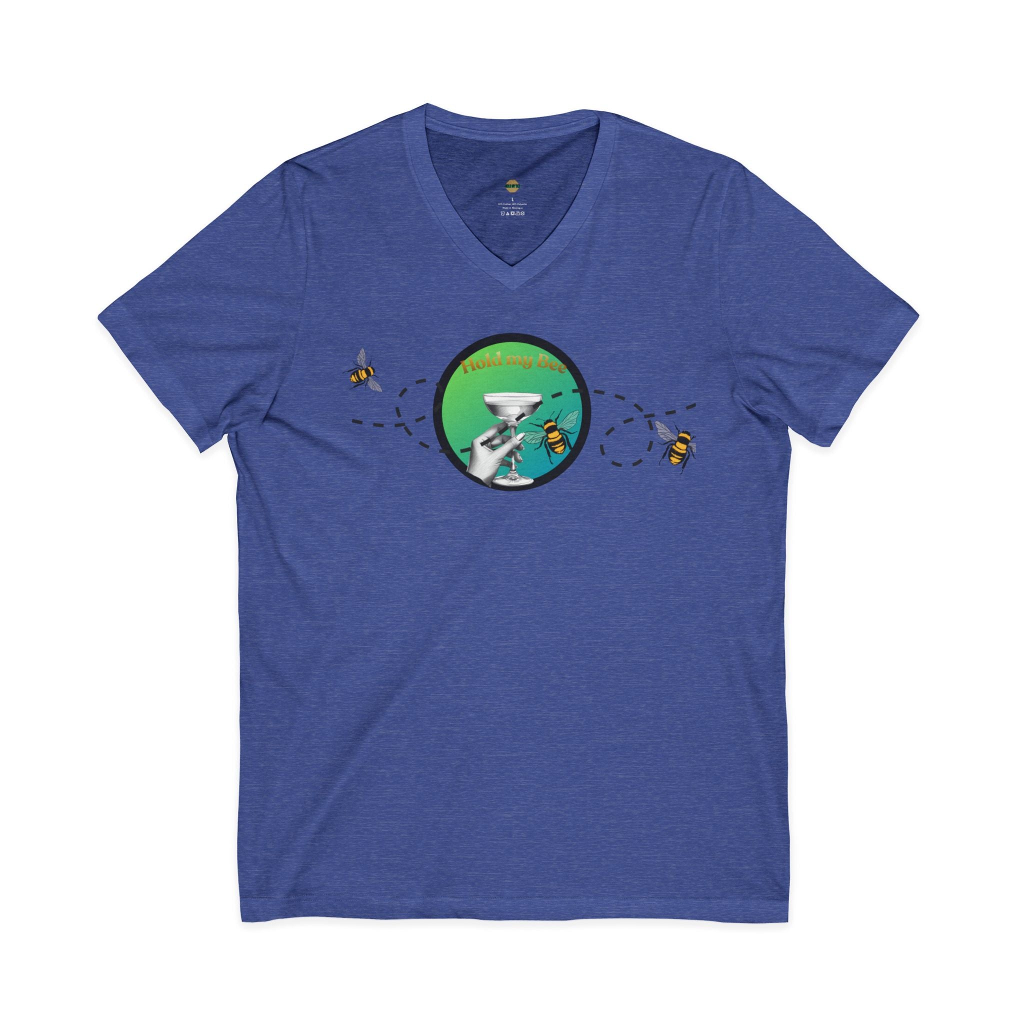 V-Neck Tee — "Fueled By" Graphic with Bees & Measurement Ruler