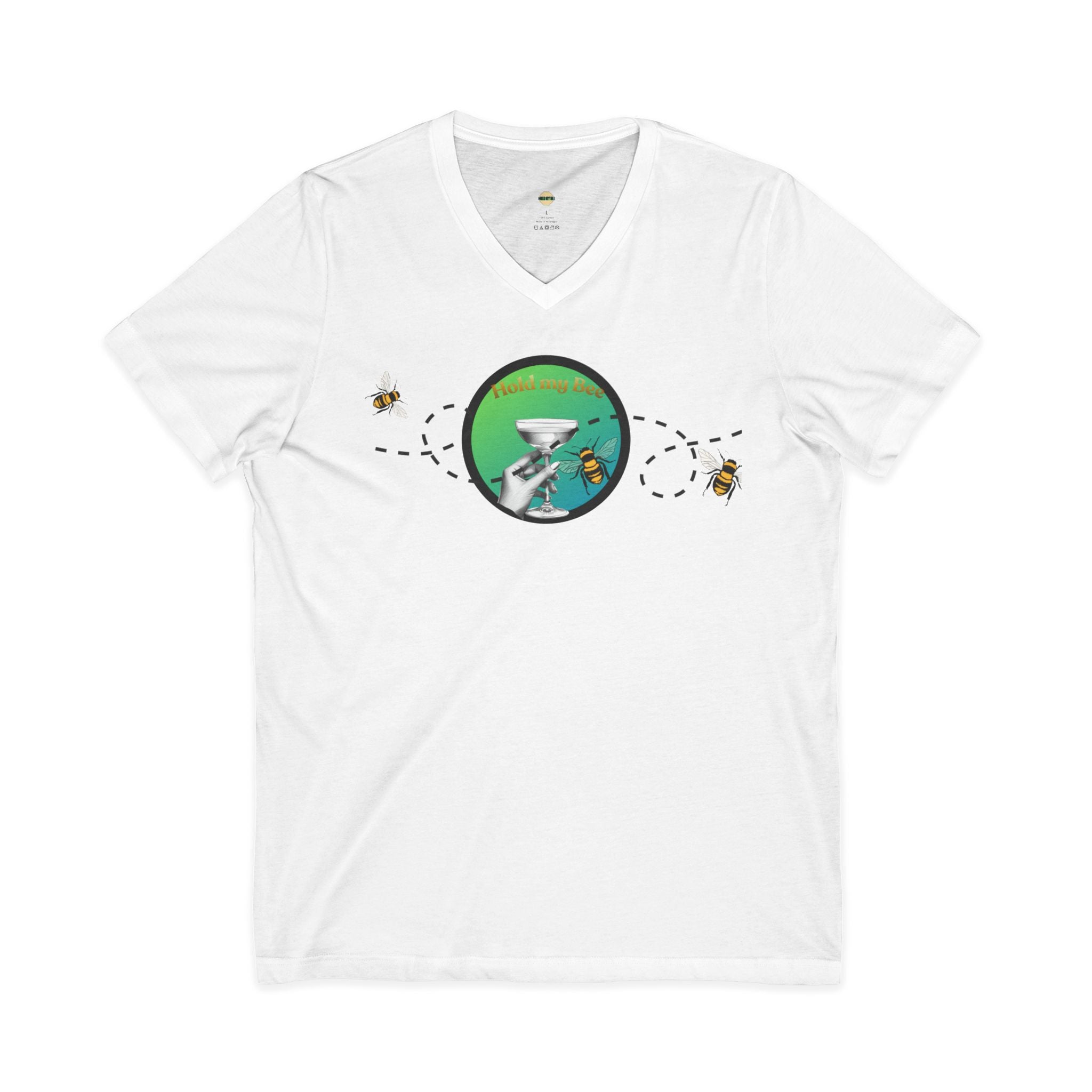 V-Neck Tee — "Fueled By" Graphic with Bees & Measurement Ruler