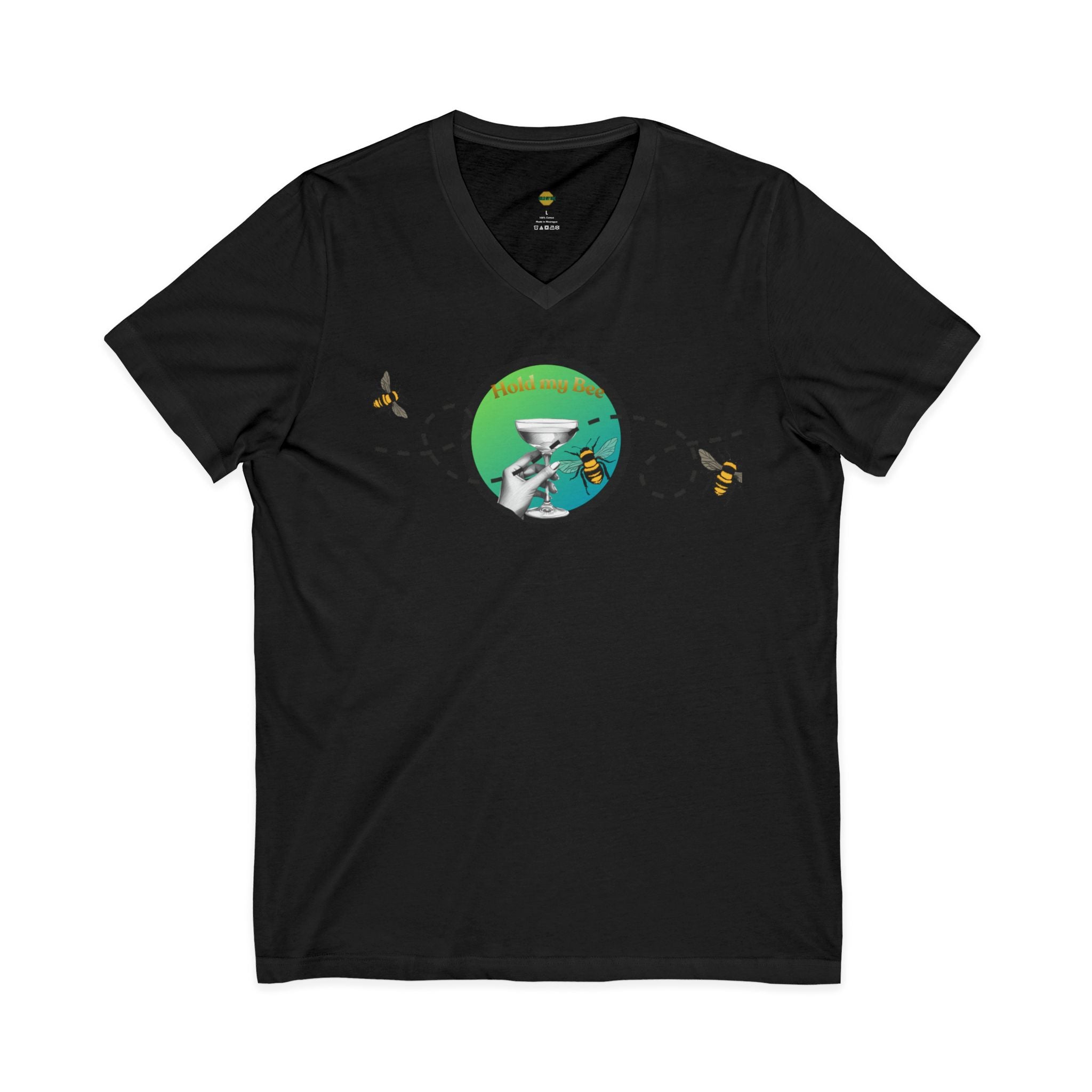 V-Neck Tee — "Fueled By" Graphic with Bees & Measurement Ruler