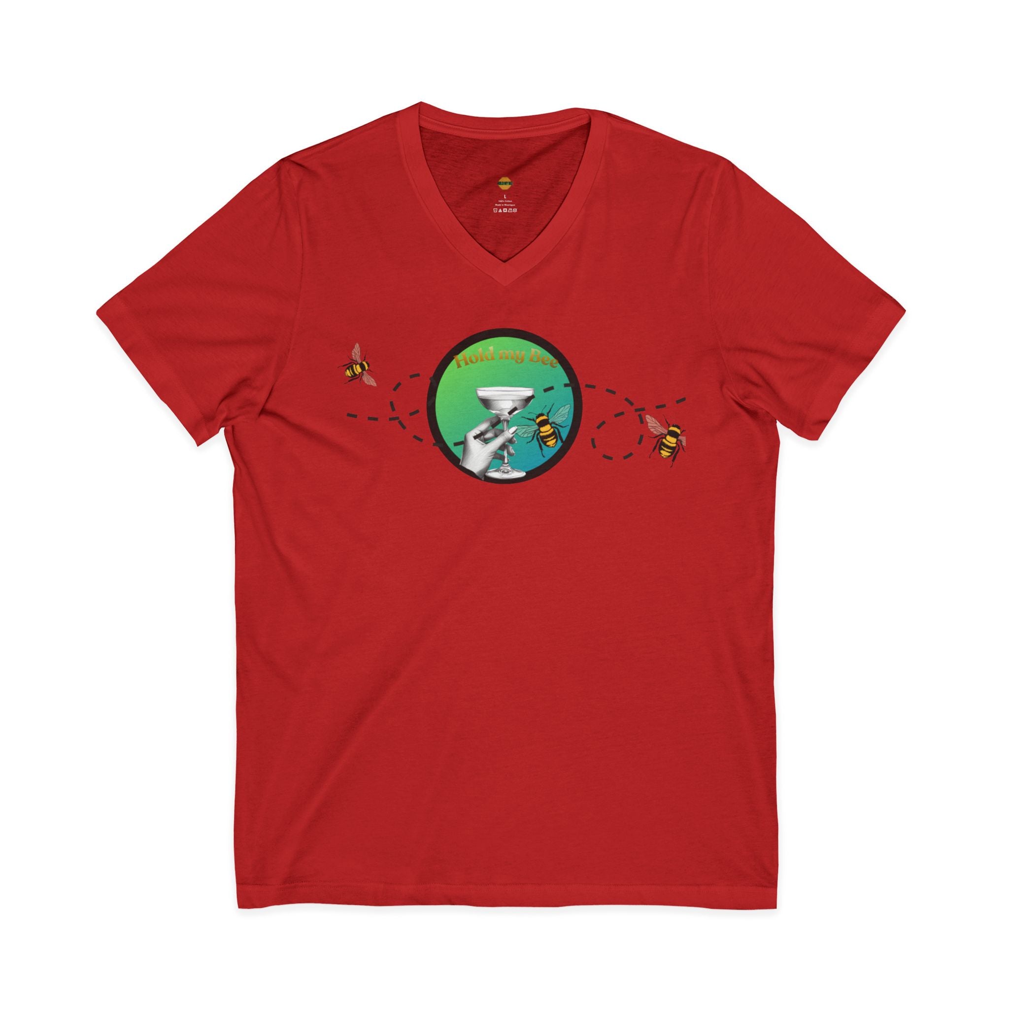 V-Neck Tee — "Fueled By" Graphic with Bees & Measurement Ruler