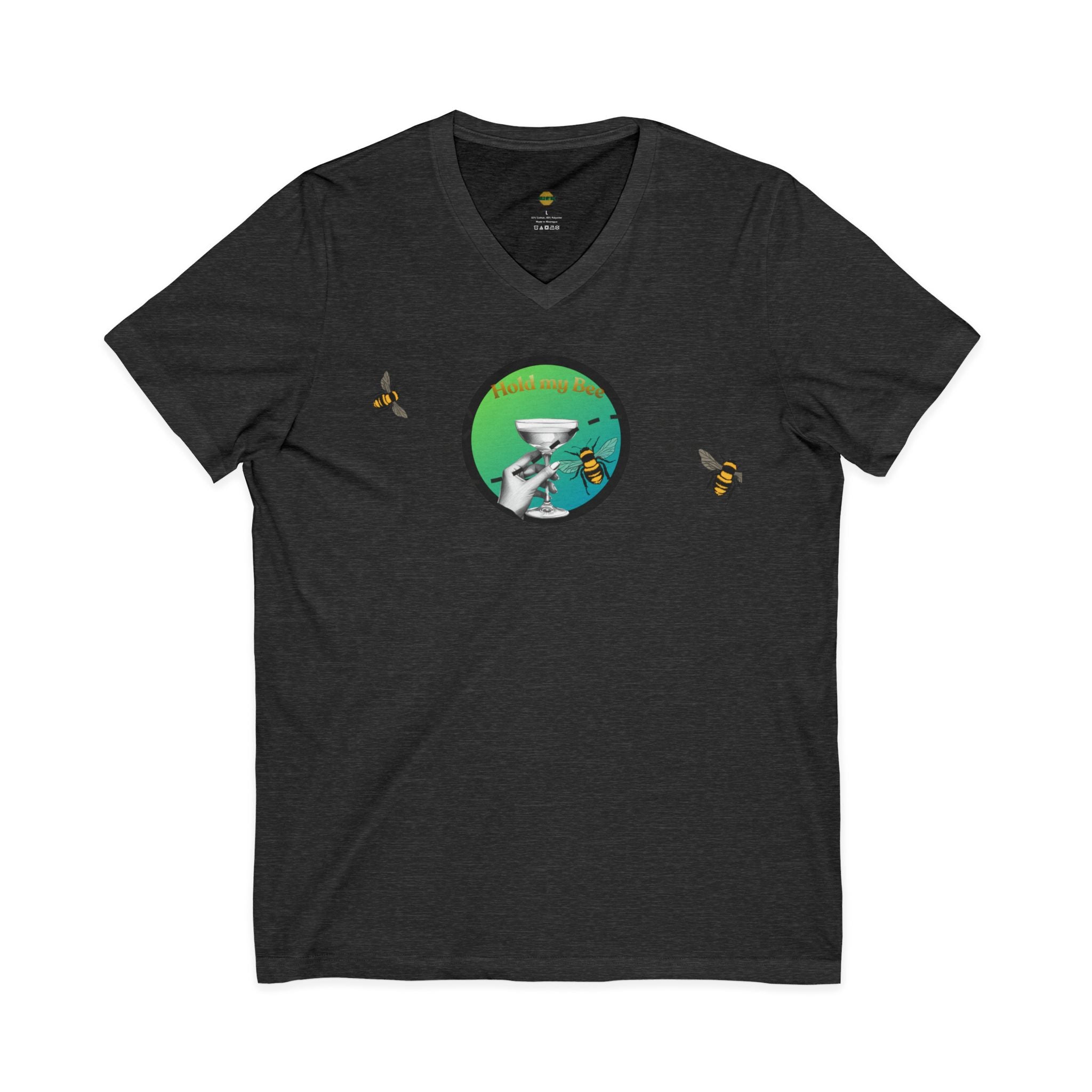 V-Neck Tee — "Fueled By" Graphic with Bees & Measurement Ruler