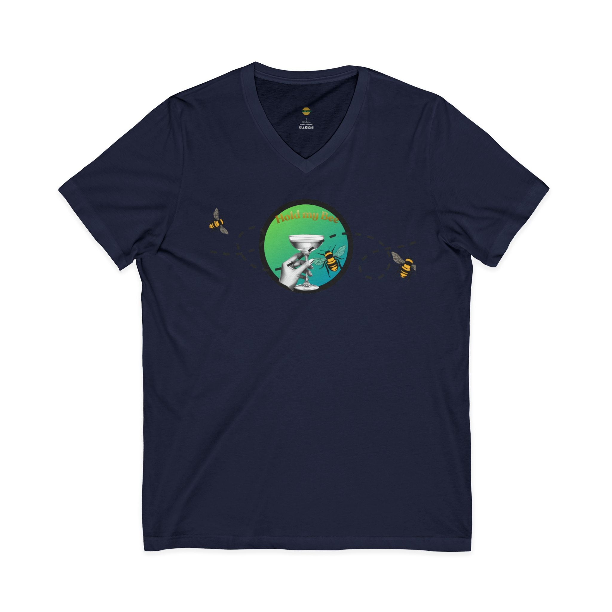 V-Neck Tee — "Fueled By" Graphic with Bees & Measurement Ruler