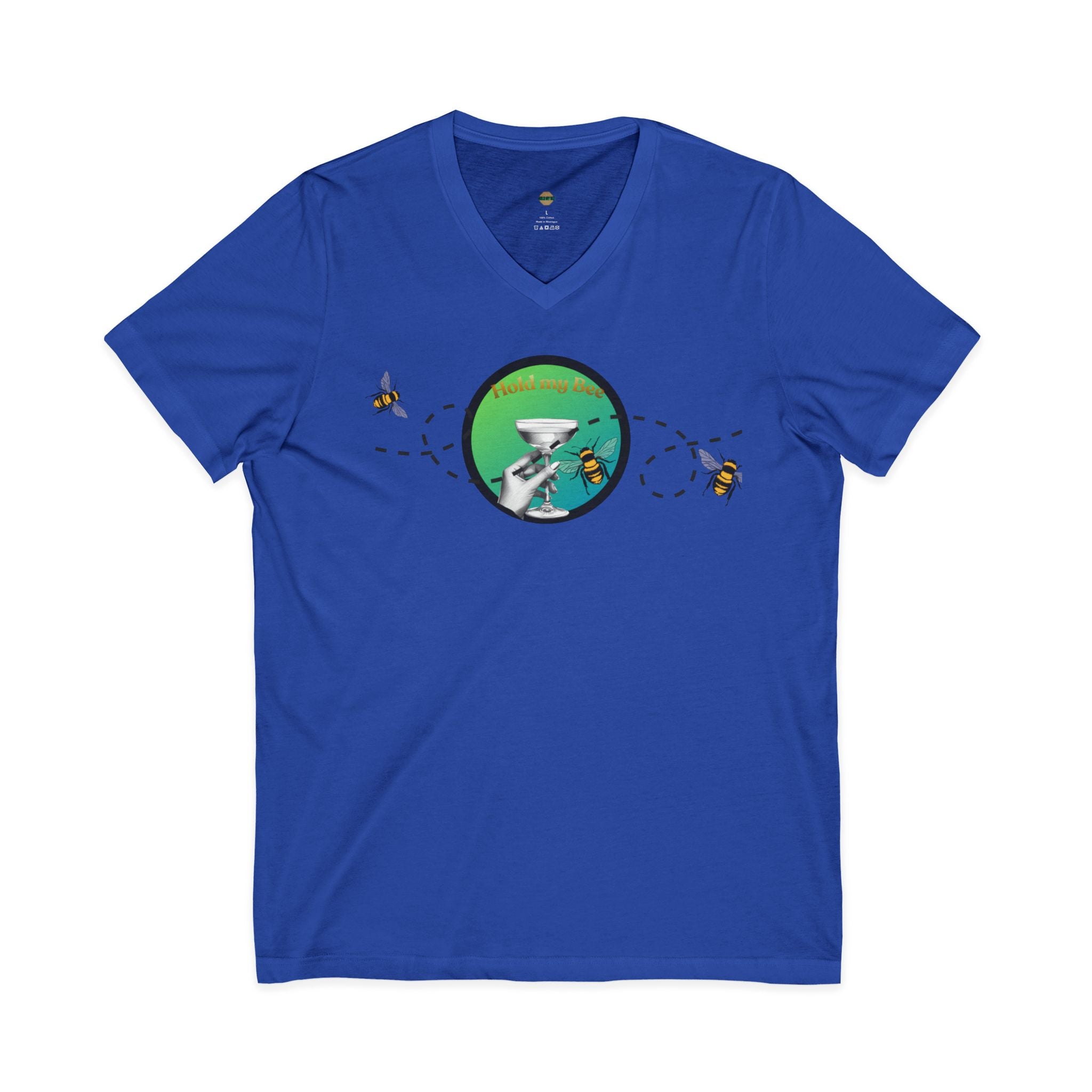V-Neck Tee — "Fueled By" Graphic with Bees & Measurement Ruler