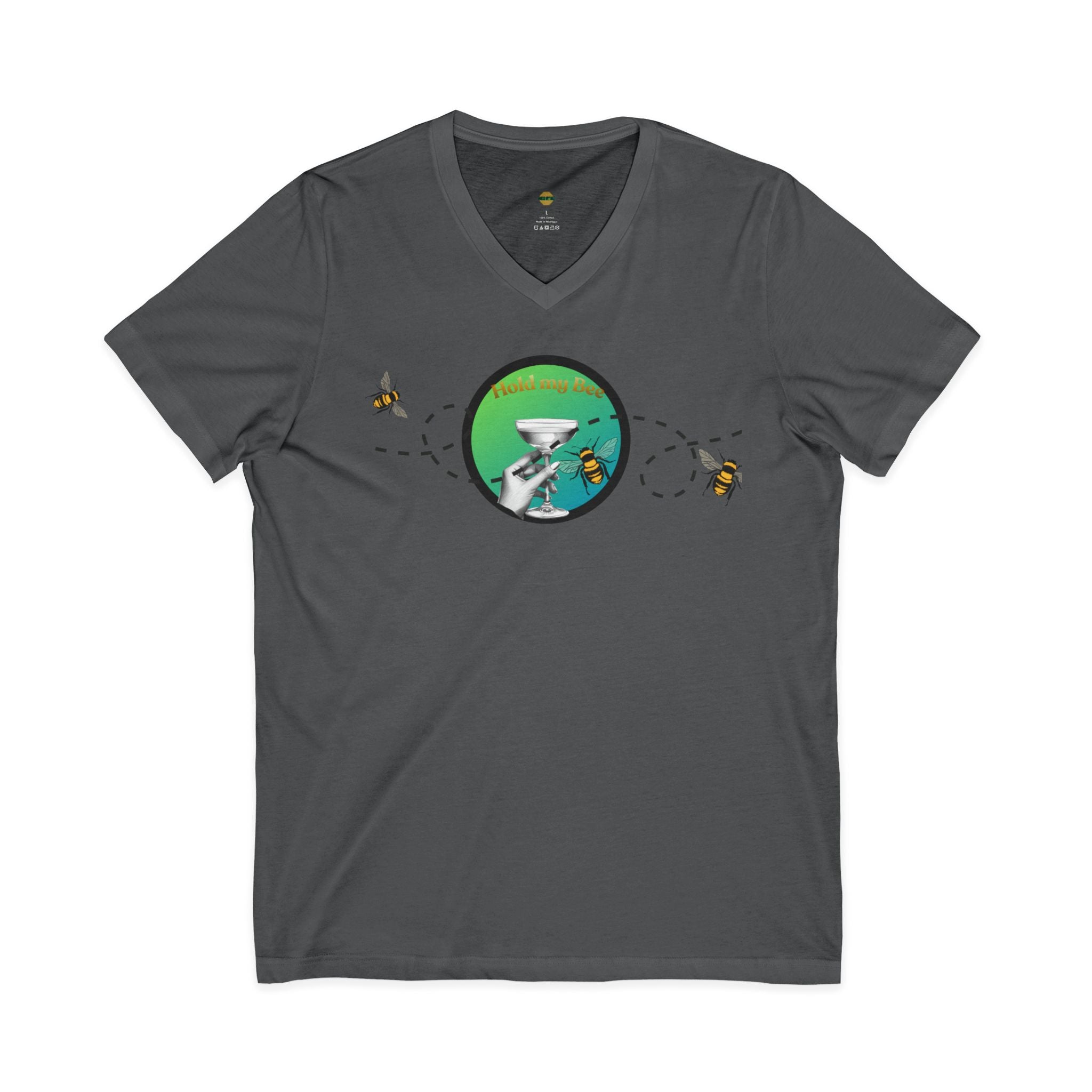 V-Neck Tee — "Fueled By" Graphic with Bees & Measurement Ruler