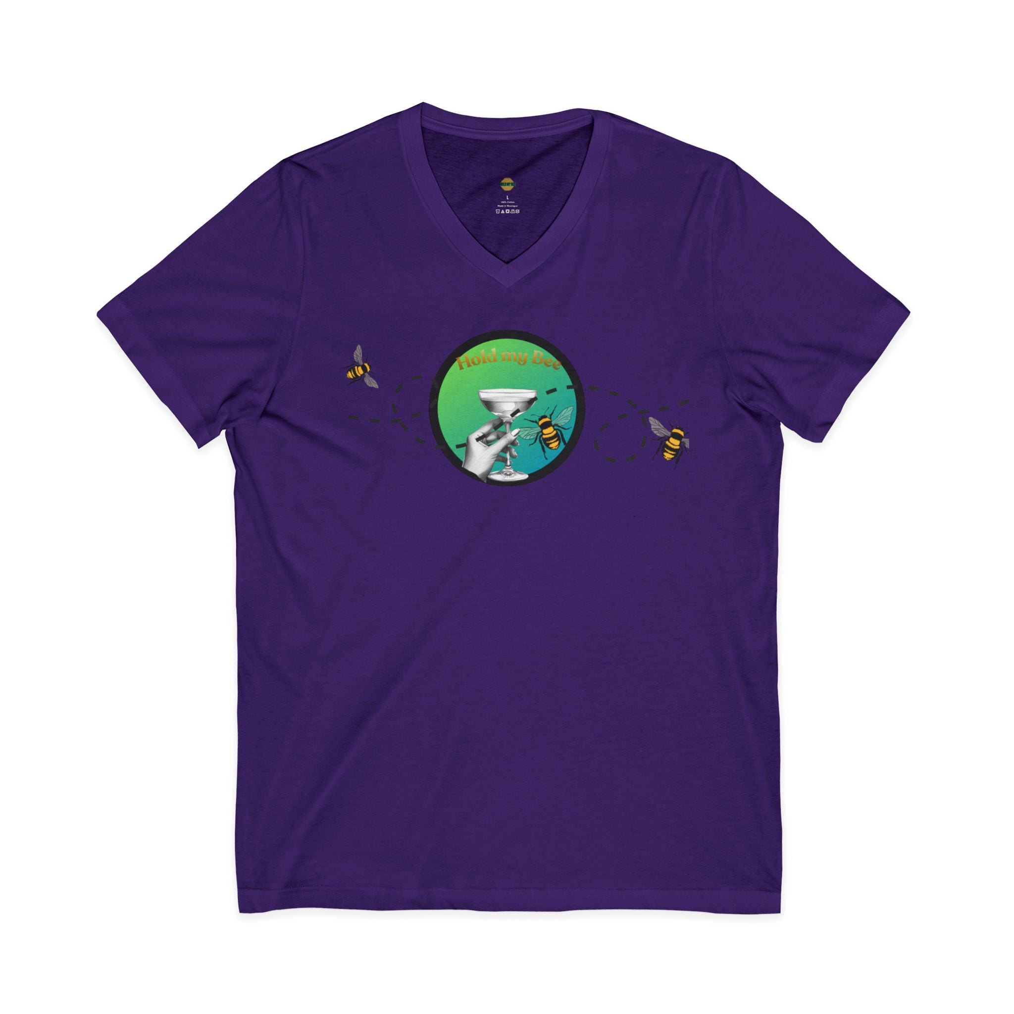 V-Neck Tee — "Fueled By" Graphic with Bees & Measurement Ruler