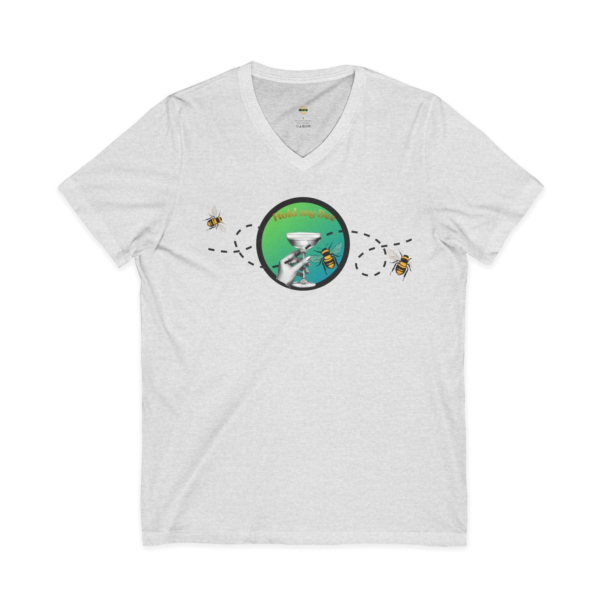 V-Neck Tee — "Fueled By" Graphic with Bees & Measurement Ruler